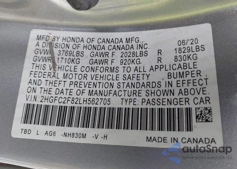 2020 Honda Civic Sport from USA, damaged, VIN 2HGFC2F82LH562705